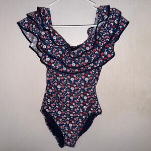 Kate Spade Daisy Night Floral Ruffle One Piece Swimsuit XS Navy Flounce Swim